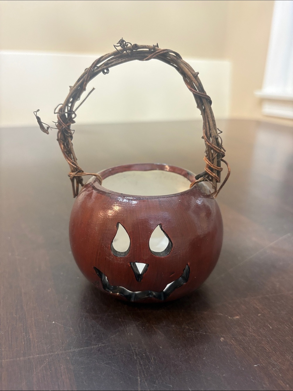 Handcrafted Rusty Orange Jack-o'-Lantern Tea Light Holder with Vine Handle